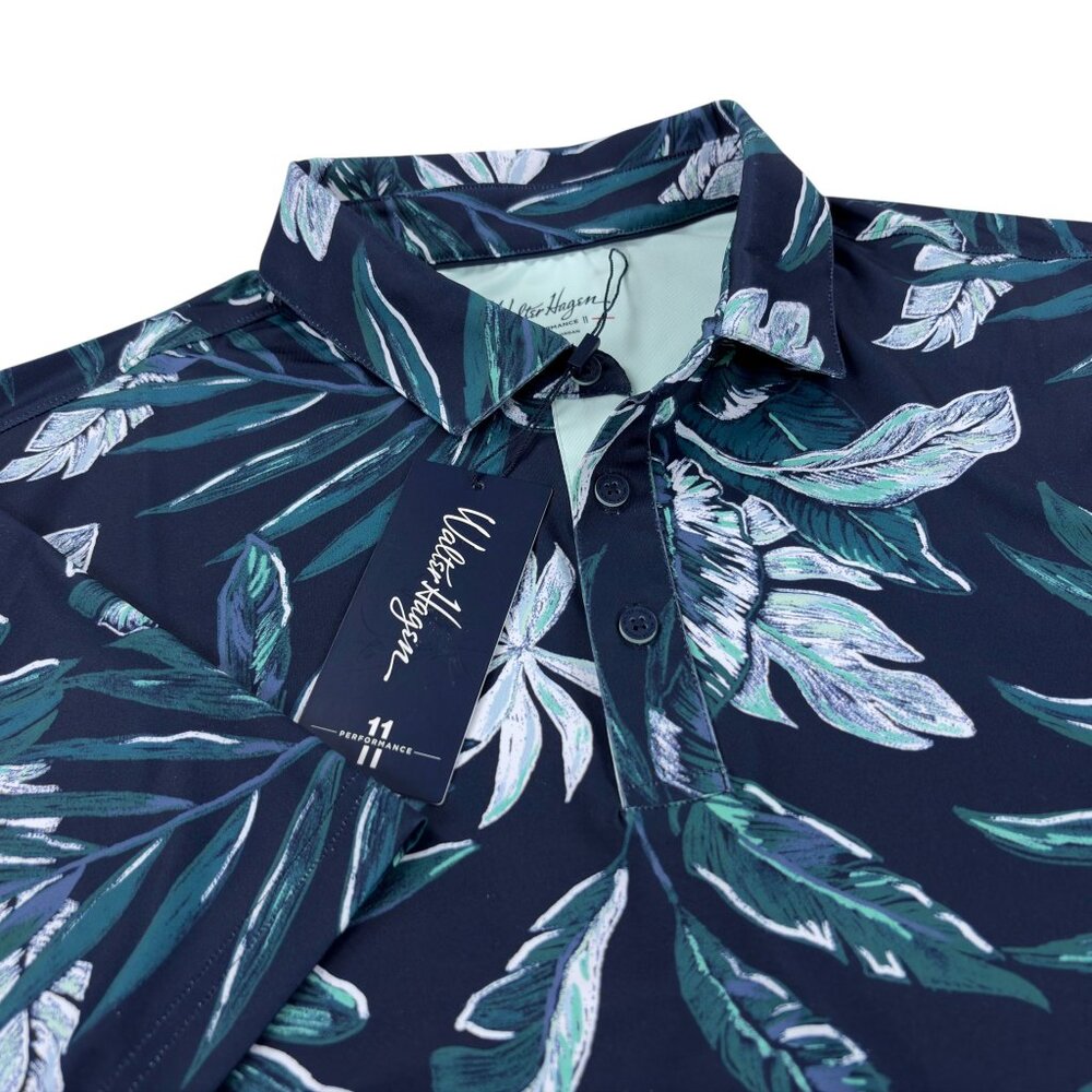 Walter Hagen Performance 11 Golf Polo Mens Size L SLIM FIT Floral Tropical Navy